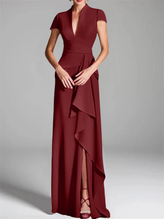 Trumpet/Mermaid V-Neck Short Sleeves Floor-Length Mother of the Bride Dresses with Split Side