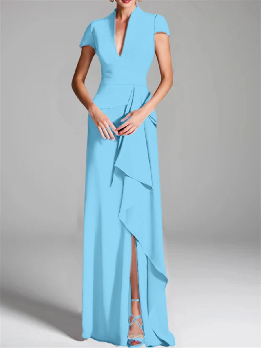 Trumpet/Mermaid V-Neck Short Sleeves Floor-Length Mother of the Bride Dresses with Split Side