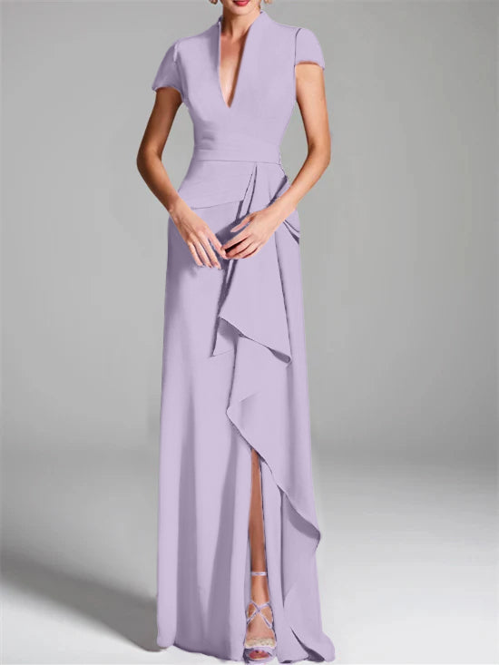 Trumpet/Mermaid V-Neck Short Sleeves Floor-Length Mother of the Bride Dresses with Split Side