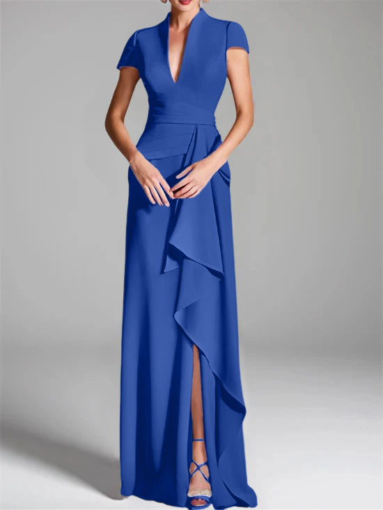 Trumpet/Mermaid V-Neck Short Sleeves Floor-Length Mother of the Bride Dresses with Split Side
