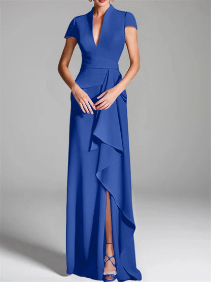 Trumpet/Mermaid V-Neck Short Sleeves Floor-Length Mother of the Bride Dresses with Split Side