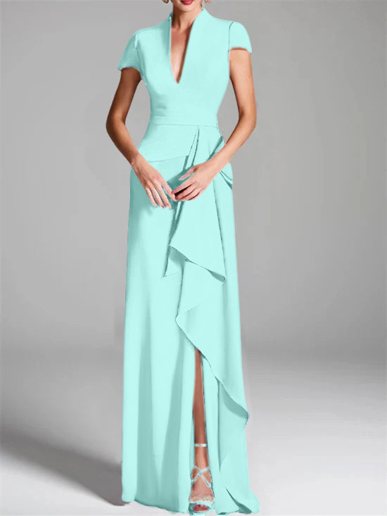 Trumpet/Mermaid V-Neck Short Sleeves Floor-Length Mother of the Bride Dresses with Split Side