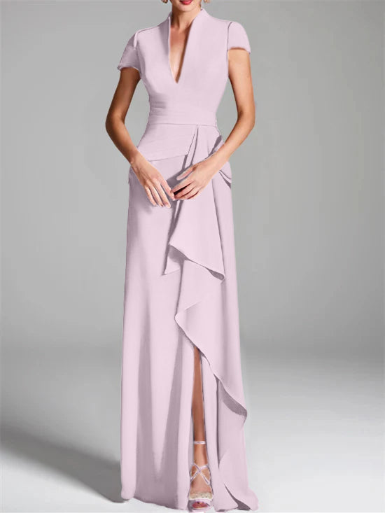 Trumpet/Mermaid V-Neck Short Sleeves Floor-Length Mother of the Bride Dresses with Split Side
