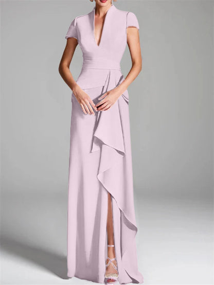 Trumpet/Mermaid V-Neck Short Sleeves Floor-Length Mother of the Bride Dresses with Split Side
