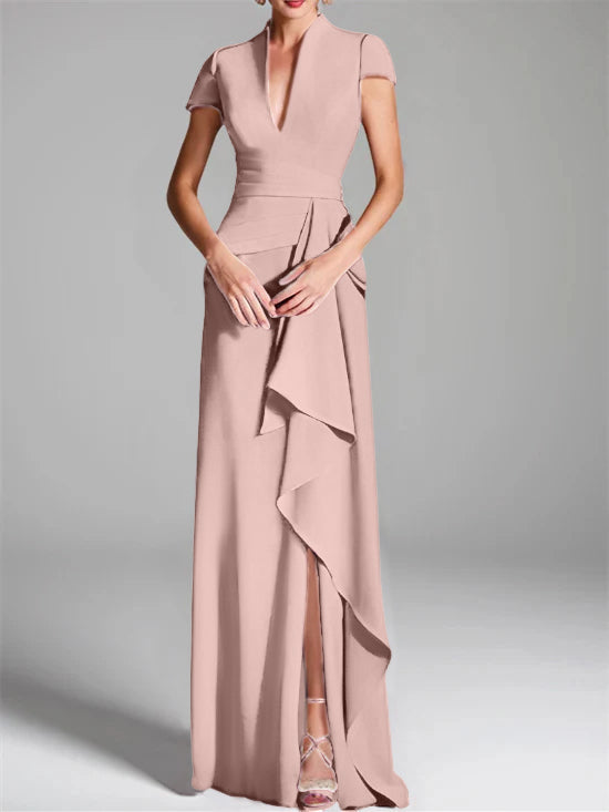 Trumpet/Mermaid V-Neck Short Sleeves Floor-Length Mother of the Bride Dresses with Split Side