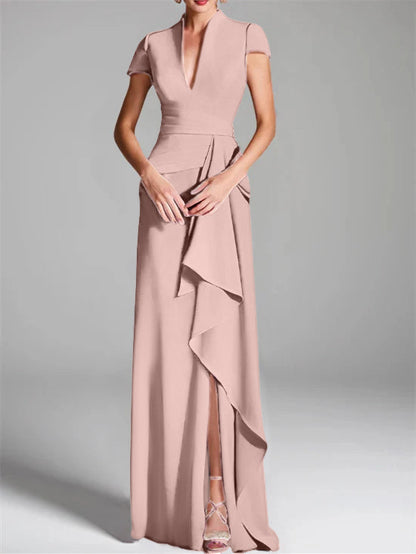 Trumpet/Mermaid V-Neck Short Sleeves Floor-Length Mother of the Bride Dresses with Split Side