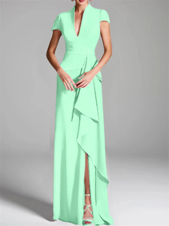 Trumpet/Mermaid V-Neck Short Sleeves Floor-Length Mother of the Bride Dresses with Split Side