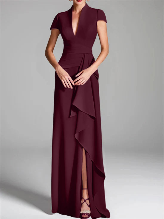 Trumpet/Mermaid V-Neck Short Sleeves Floor-Length Mother of the Bride Dresses with Split Side