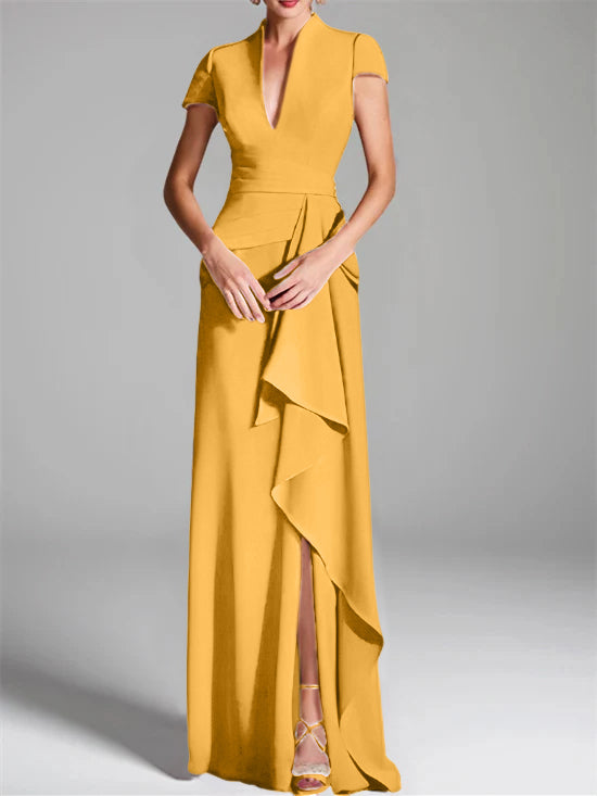 Trumpet/Mermaid V-Neck Short Sleeves Floor-Length Mother of the Bride Dresses with Split Side