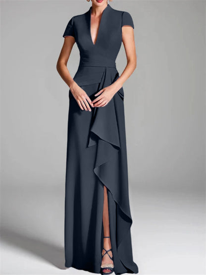 Trumpet/Mermaid V-Neck Short Sleeves Floor-Length Mother of the Bride Dresses with Split Side