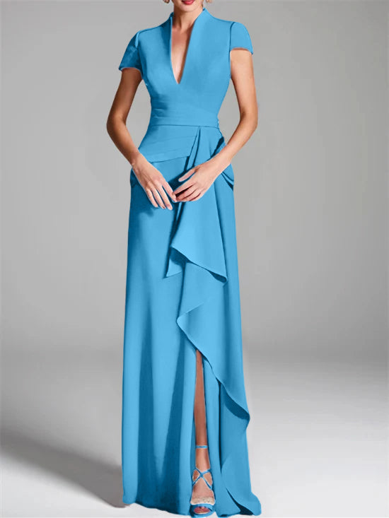 Trumpet/Mermaid V-Neck Short Sleeves Floor-Length Mother of the Bride Dresses with Split Side