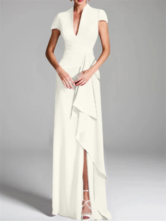 Trumpet/Mermaid V-Neck Short Sleeves Floor-Length Mother of the Bride Dresses with Split Side