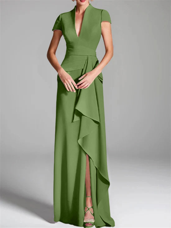 Trumpet/Mermaid V-Neck Short Sleeves Floor-Length Mother of the Bride Dresses with Split Side