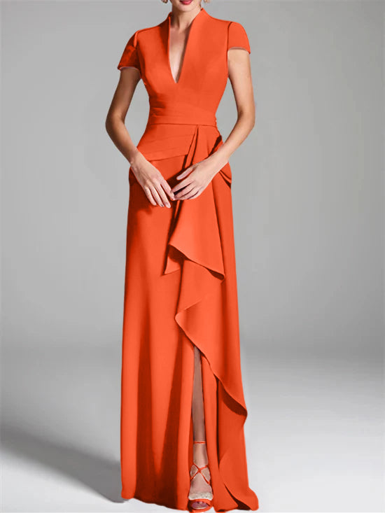 Trumpet/Mermaid V-Neck Short Sleeves Floor-Length Mother of the Bride Dresses with Split Side
