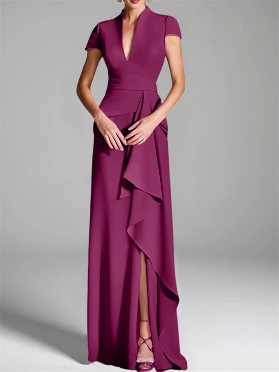 Trumpet/Mermaid V-Neck Short Sleeves Floor-Length Mother of the Bride Dresses with Split Side