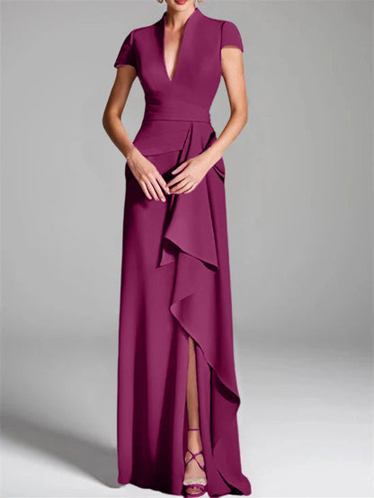 Trumpet/Mermaid V-Neck Short Sleeves Floor-Length Mother of the Bride Dresses with Split Side