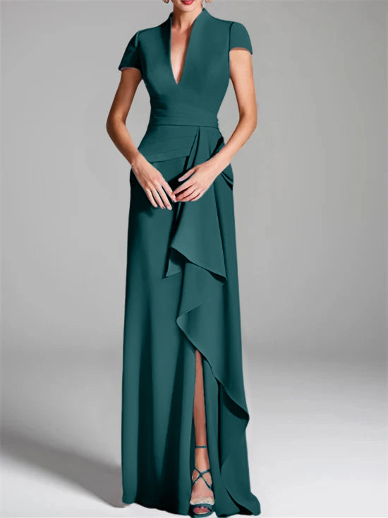 Trumpet/Mermaid V-Neck Short Sleeves Floor-Length Mother of the Bride Dresses with Split Side