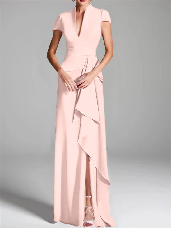 Trumpet/Mermaid V-Neck Short Sleeves Floor-Length Mother of the Bride Dresses with Split Side