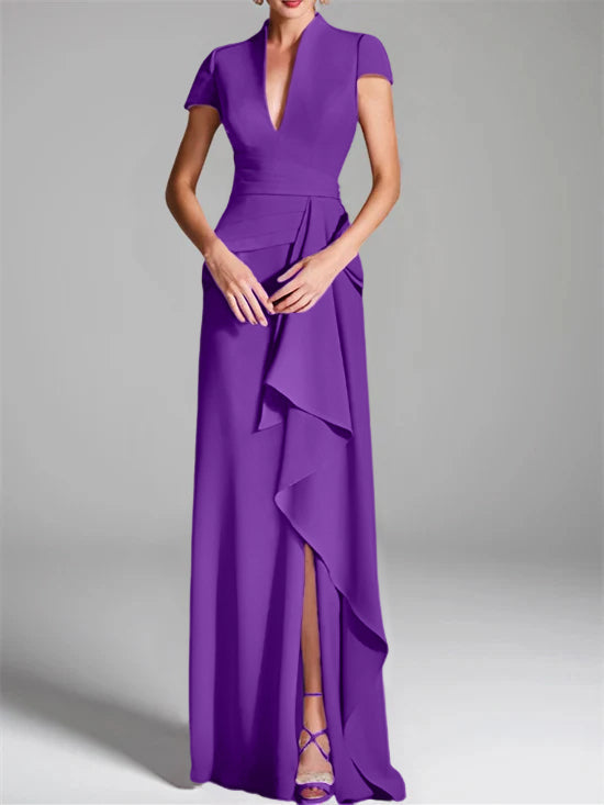 Trumpet/Mermaid V-Neck Short Sleeves Floor-Length Mother of the Bride Dresses with Split Side