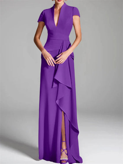 Trumpet/Mermaid V-Neck Short Sleeves Floor-Length Mother of the Bride Dresses with Split Side