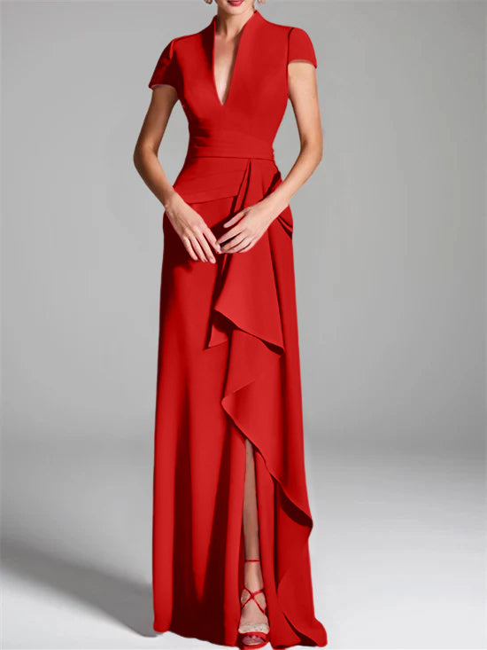 Trumpet/Mermaid V-Neck Short Sleeves Floor-Length Mother of the Bride Dresses with Split Side