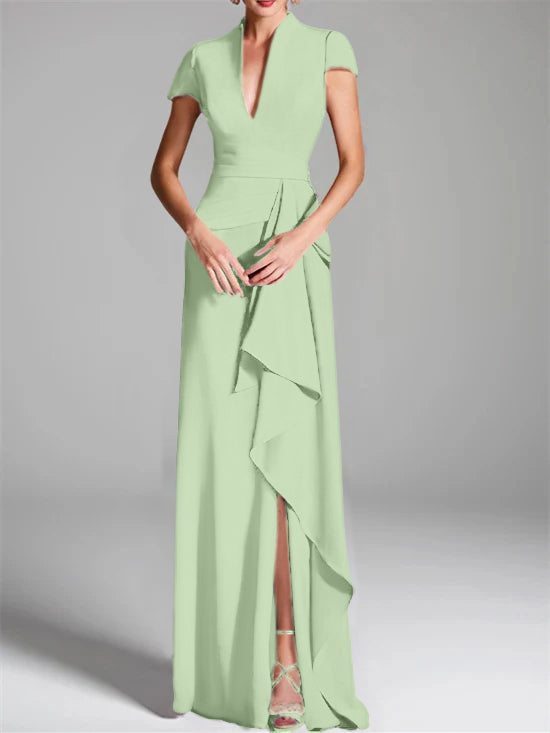 Trumpet/Mermaid V-Neck Short Sleeves Floor-Length Mother of the Bride Dresses with Split Side
