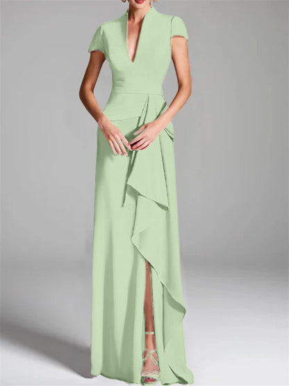 Trumpet/Mermaid V-Neck Short Sleeves Floor-Length Mother of the Bride Dresses with Split Side