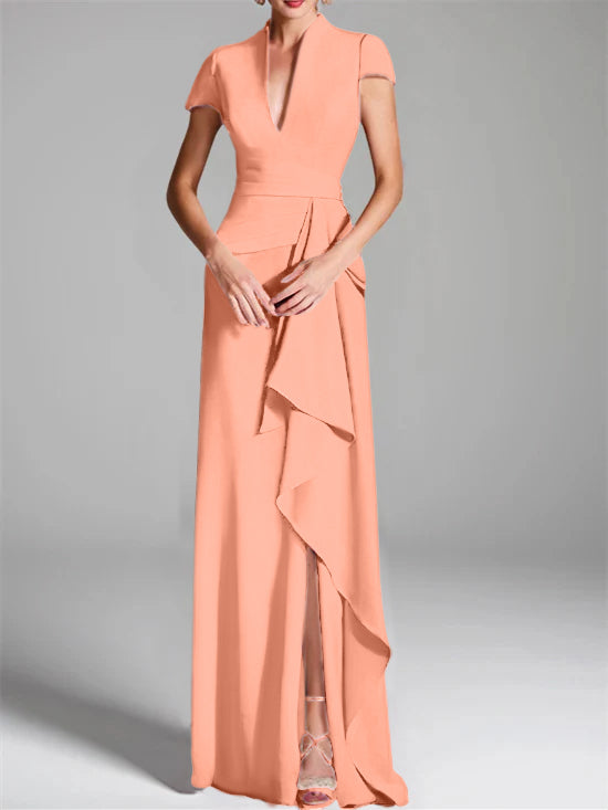 Trumpet/Mermaid V-Neck Short Sleeves Floor-Length Mother of the Bride Dresses with Split Side