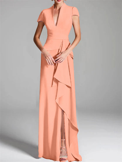 Trumpet/Mermaid V-Neck Short Sleeves Floor-Length Mother of the Bride Dresses with Split Side