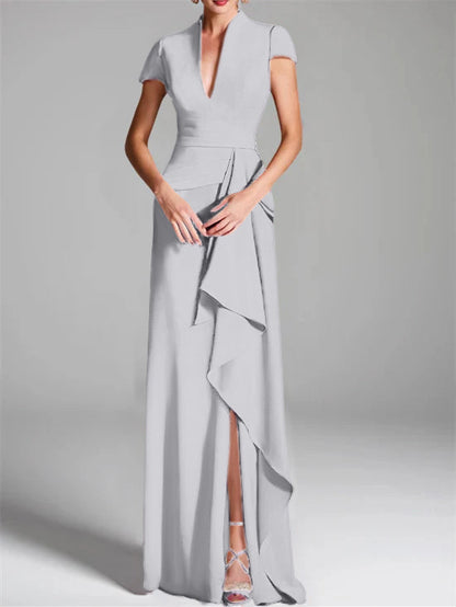 Trumpet/Mermaid V-Neck Short Sleeves Floor-Length Mother of the Bride Dresses with Split Side