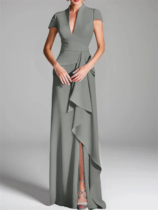 Trumpet/Mermaid V-Neck Short Sleeves Floor-Length Mother of the Bride Dresses with Split Side