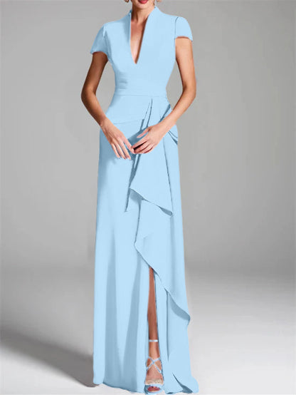 Trumpet/Mermaid V-Neck Short Sleeves Floor-Length Mother of the Bride Dresses with Split Side
