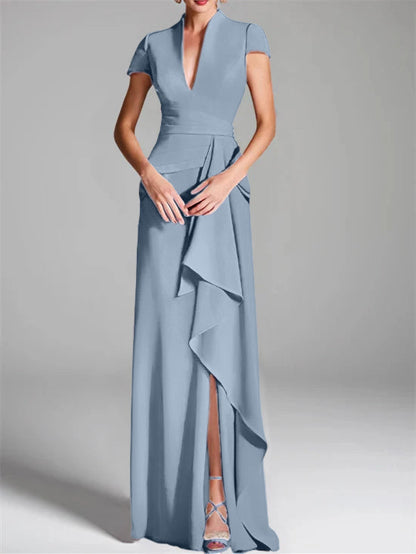 Trumpet/Mermaid V-Neck Short Sleeves Floor-Length Mother of the Bride Dresses with Split Side
