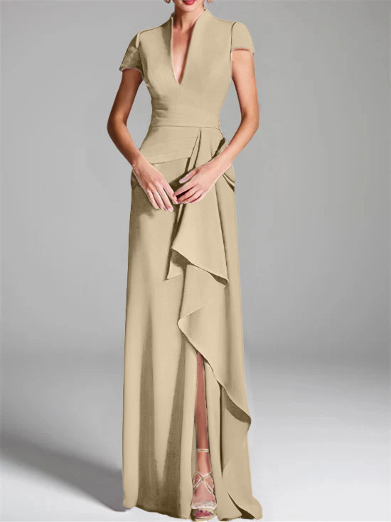 Trumpet/Mermaid V-Neck Short Sleeves Floor-Length Mother of the Bride Dresses with Split Side