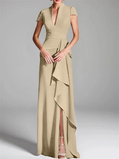 Trumpet/Mermaid V-Neck Short Sleeves Floor-Length Mother of the Bride Dresses with Split Side