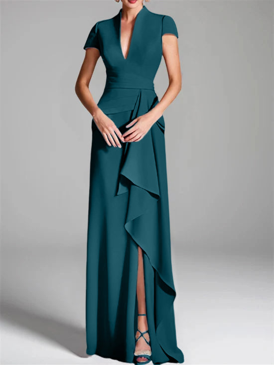 Trumpet/Mermaid V-Neck Short Sleeves Floor-Length Mother of the Bride Dresses with Split Side