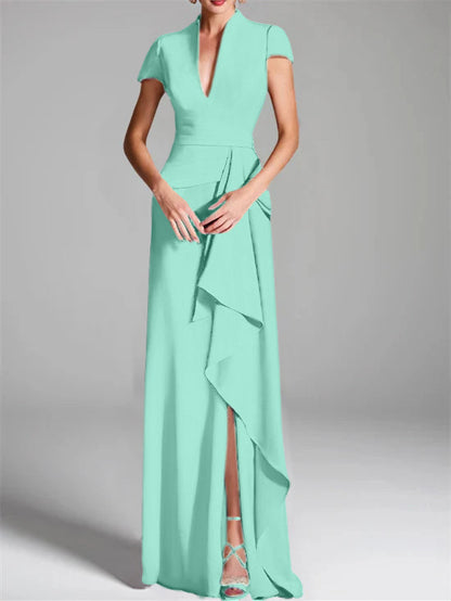 Trumpet/Mermaid V-Neck Short Sleeves Floor-Length Mother of the Bride Dresses with Split Side