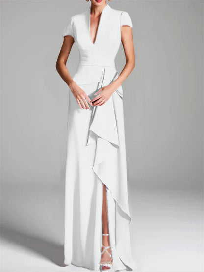 Trumpet/Mermaid V-Neck Short Sleeves Floor-Length Mother of the Bride Dresses with Split Side