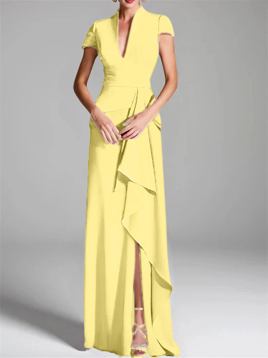 Trumpet/Mermaid V-Neck Short Sleeves Floor-Length Mother of the Bride Dresses with Split Side