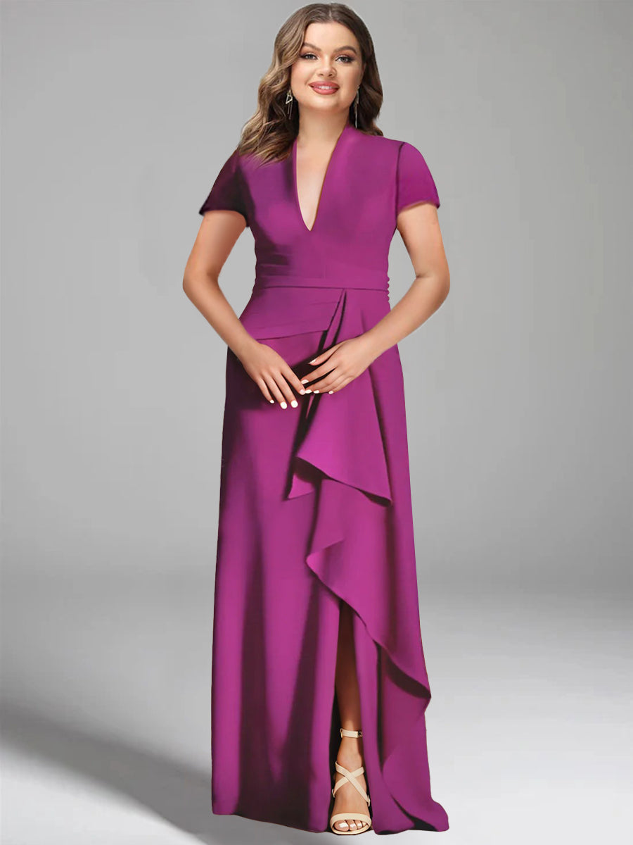 Trumpet/Mermaid V-Neck Short Sleeves Floor-Length Mother of the Bride Dresses with Split Side