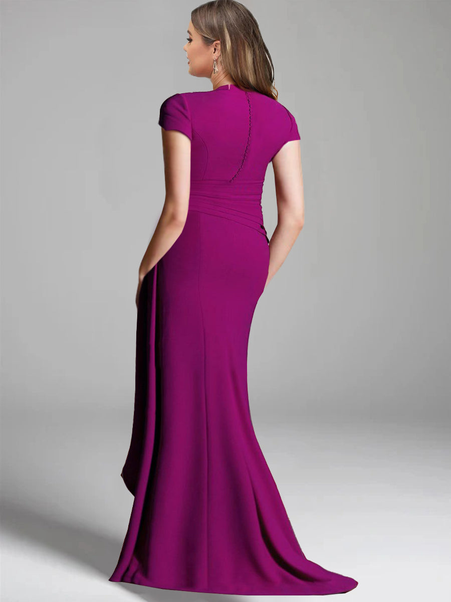 Trumpet/Mermaid V-Neck Short Sleeves Floor-Length Mother of the Bride Dresses with Split Side