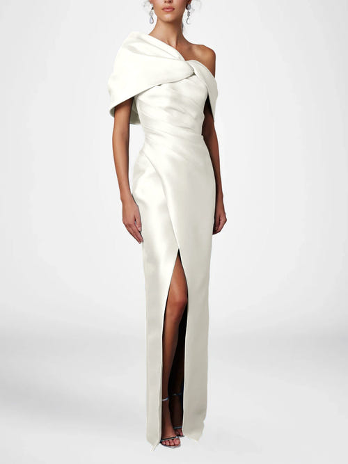 Sheath/Column Evening Dress One-Shoulder Half Sleeves Floor-Length Formal With Ruffles