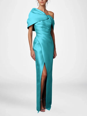 Sheath/Column Evening Dress One-Shoulder Half Sleeves Floor-Length Formal With Ruffles