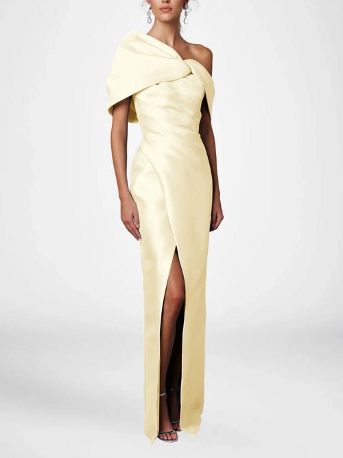 Sheath/Column Evening Dress One-Shoulder Half Sleeves Floor-Length Formal With Ruffles