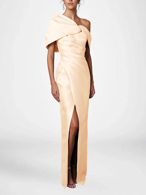 Sheath/Column Evening Dress One-Shoulder Half Sleeves Floor-Length Formal With Ruffles
