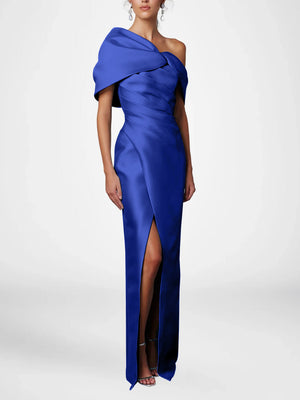Sheath/Column Evening Dress One-Shoulder Half Sleeves Floor-Length Formal With Ruffles