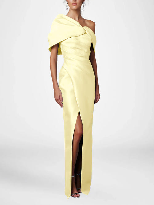 Sheath/Column Evening Dress One-Shoulder Half Sleeves Floor-Length Formal With Ruffles