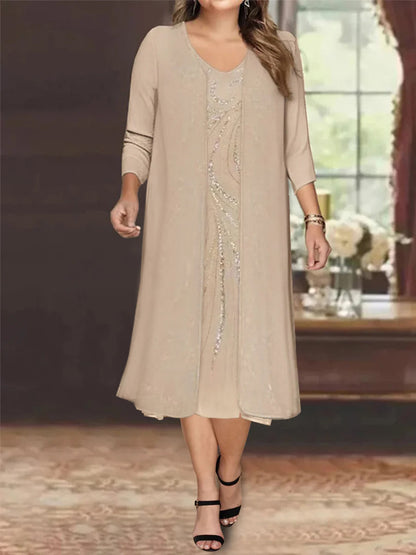 Sheath/Column V-Neck Long Sleeves Tea-Length Plus Size Mother of the Bride Dresses with Jacket & Sequins