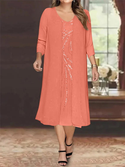 Sheath/Column V-Neck Long Sleeves Tea-Length Plus Size Mother of the Bride Dresses with Jacket & Sequins