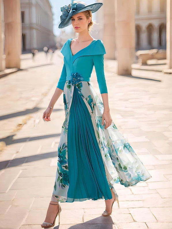 A-Line/Princess V-Neck 3/4 Sleeve Floral Ankle-Length Mother of the Bride Dresses
